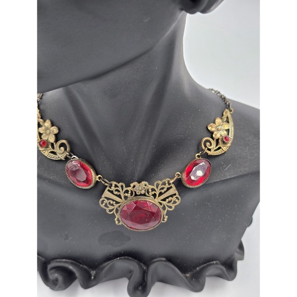 Antique Brass Filigree Necklace Red Glass Stones Art Deco Nouveau Style - Picture 3 of 16
